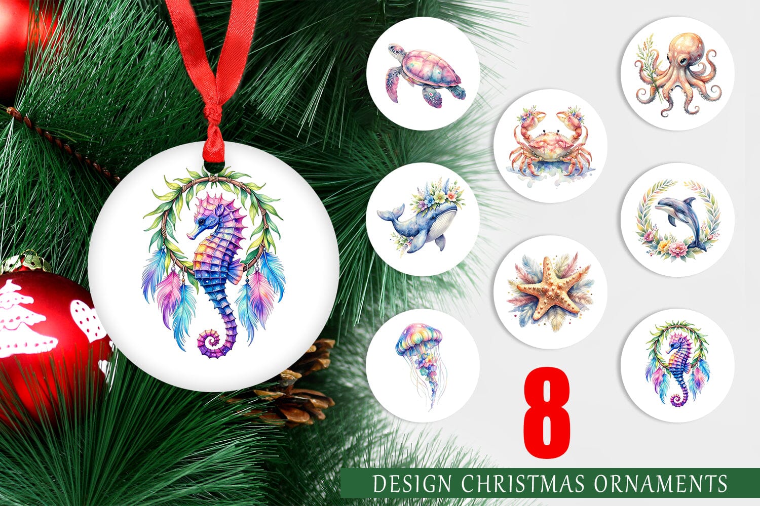 Ornament Watercolor Cute Baby Ocean Animals