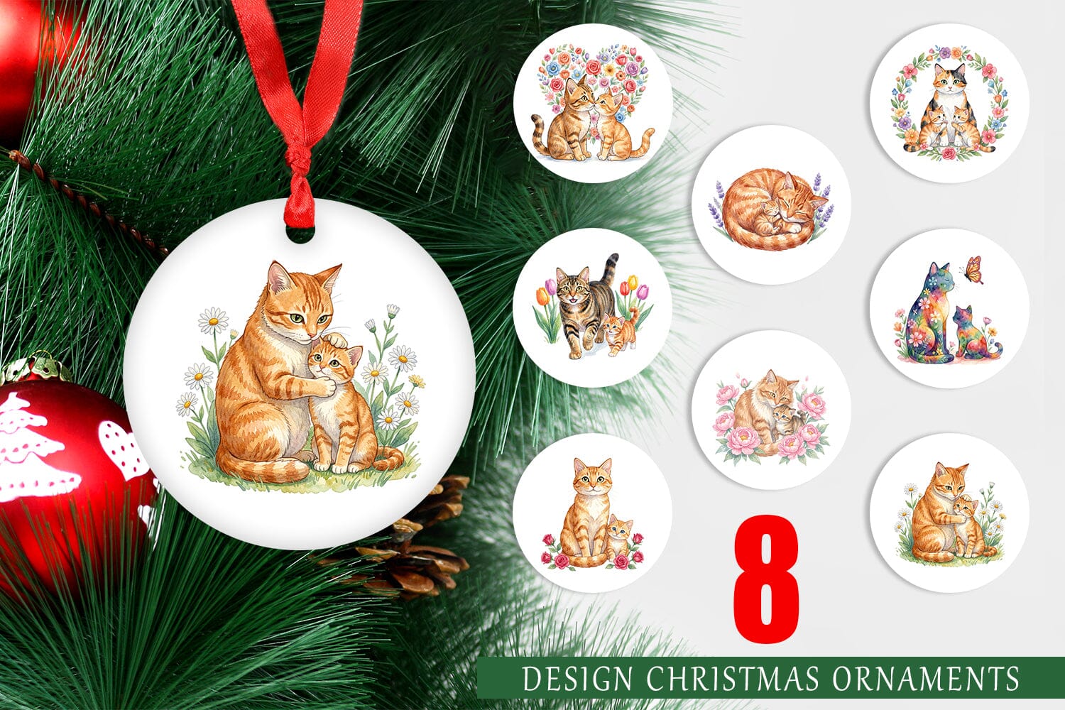 Ornament Watercolor Floral Cat Motherhood Art