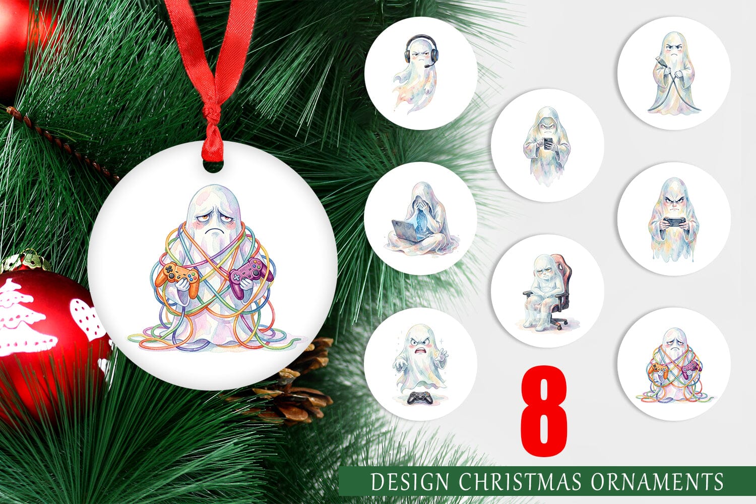 Ornament Watercolor Funny Grumpy Gamer Ghost