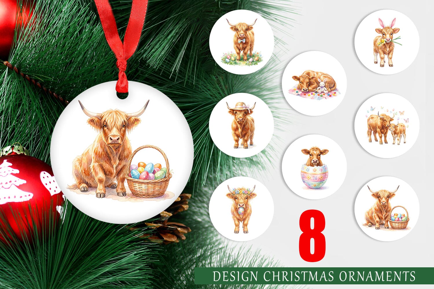 Ornament Watercolor Highland Cow Easter