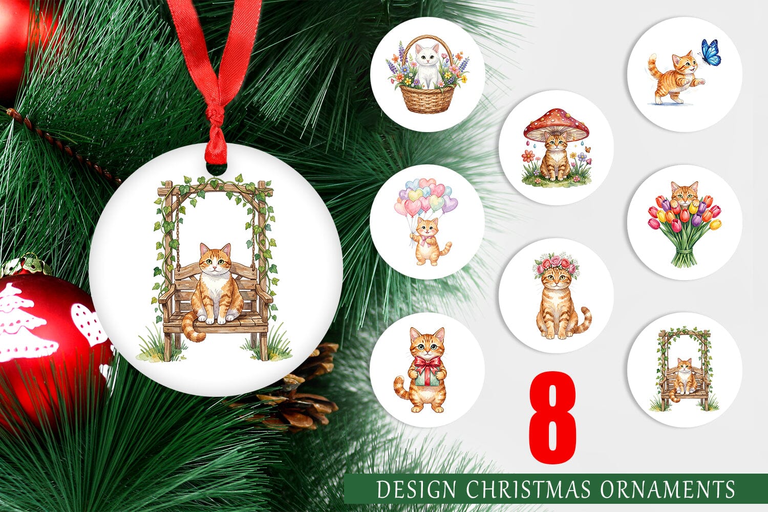 Ornament Watercolor Pastel Garden Cat Celebration