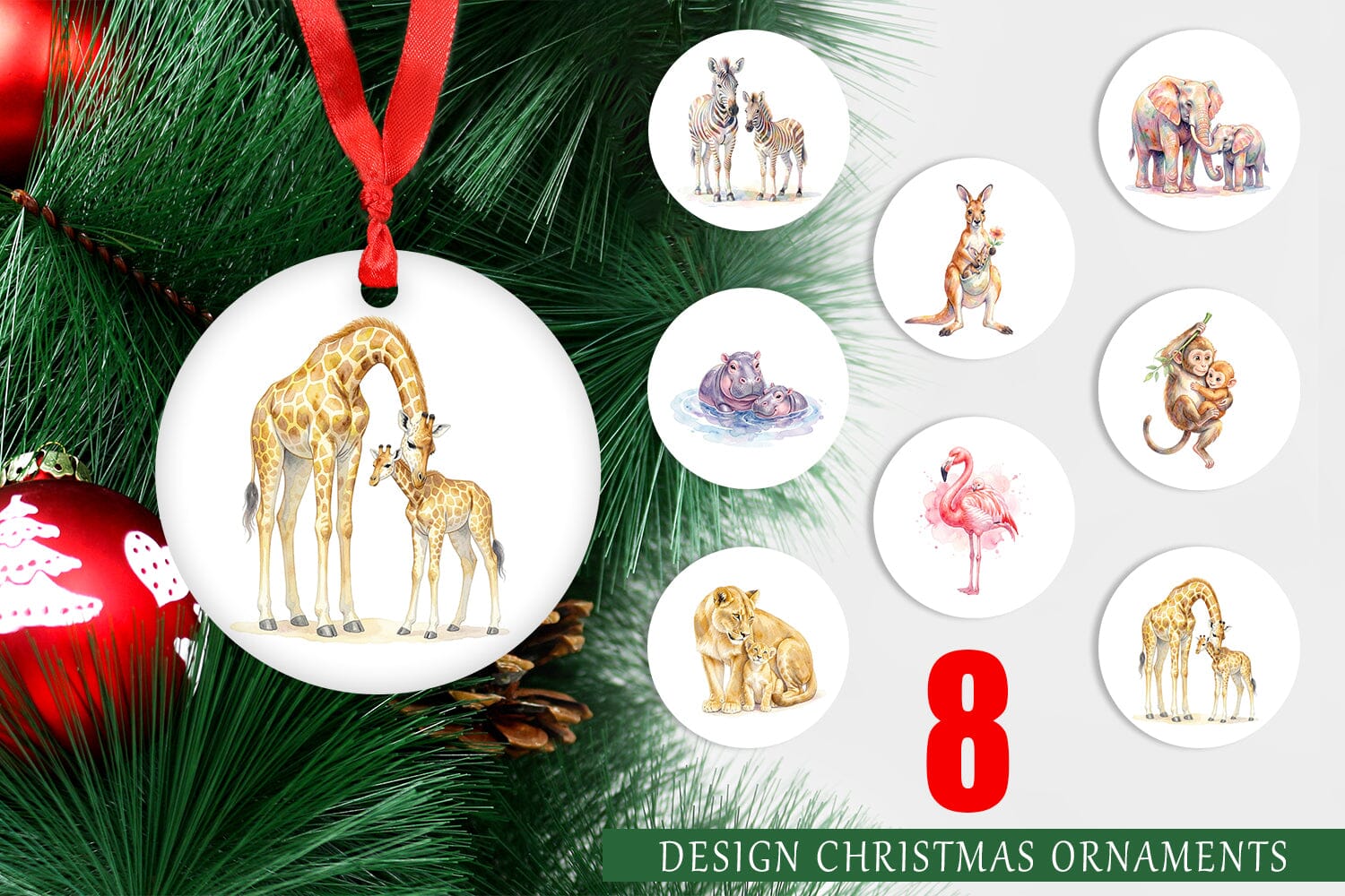 Ornament Watercolor Safari Mom And Baby Animal