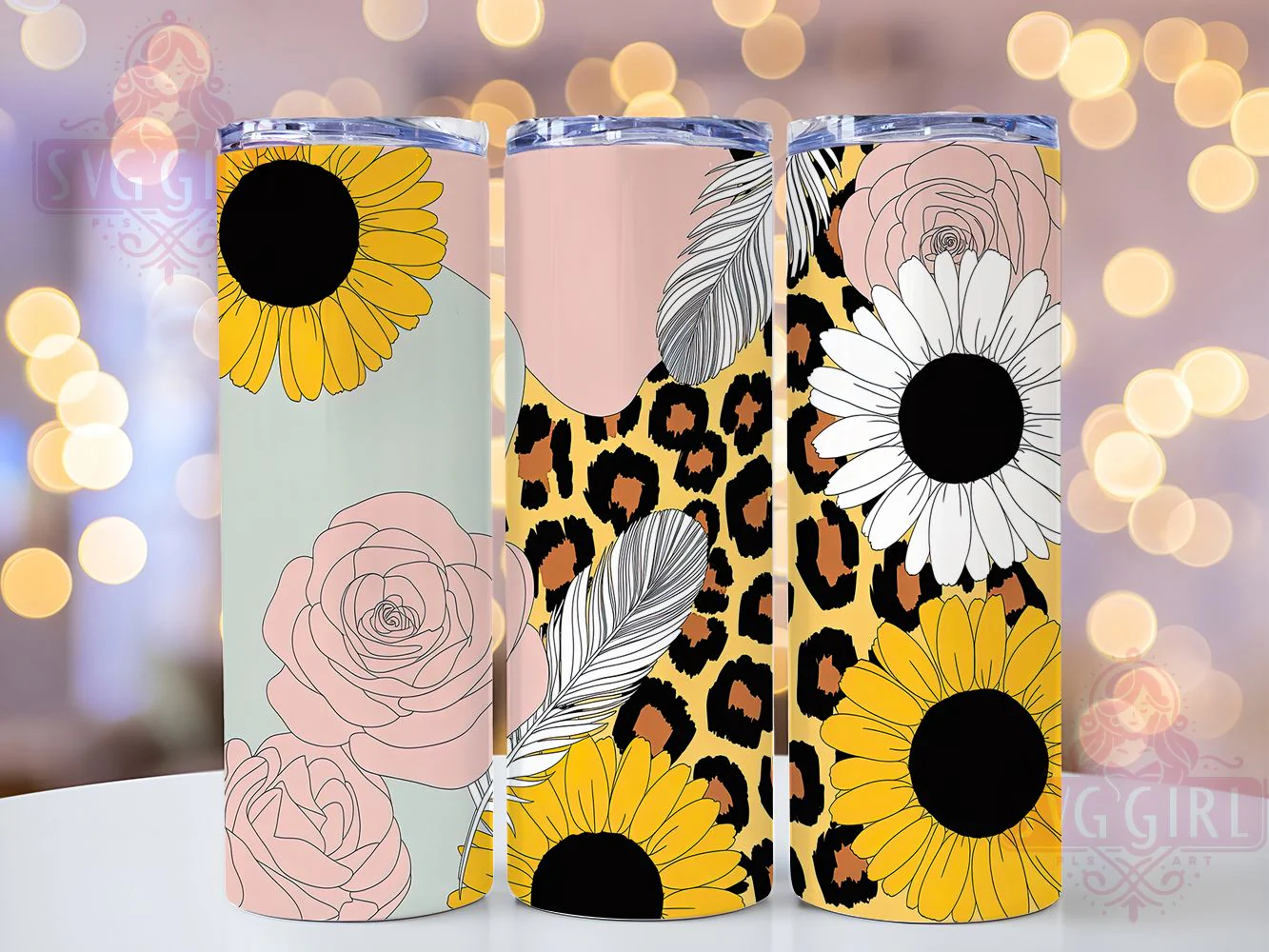 Pastel Leopard Sunflower Tumbler Wrap, Leopard Print, Soft Floral, Wild Theme, Gentle Style, Tumbler Wrap, Sublimation Design