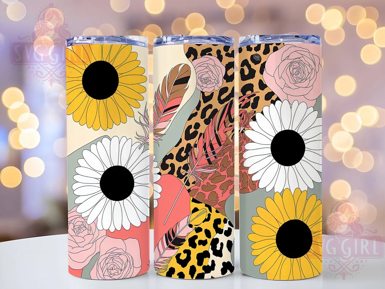 Pastel Leopard Sunflower Tumbler Wrap, Leopard Print, Soft Floral, Wild Theme, Gentle Style, Tumbler Wrap, Sublimation Design