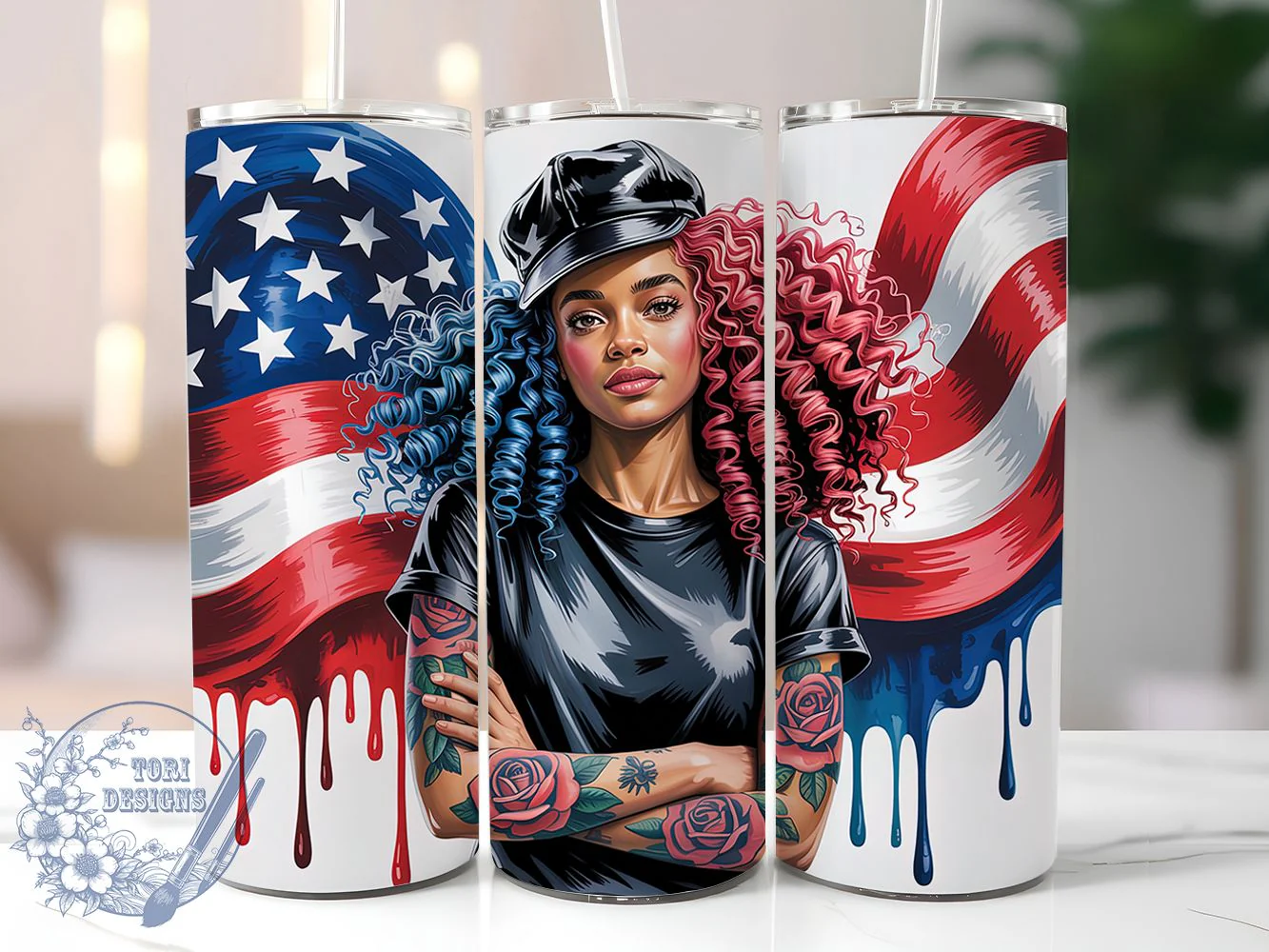 Patriotic Afro Woman Tumbler, Afro Woman, American Pride, Red White Blue, Tumbler Wrap, Sublimation Design, 20oz Tumbler
