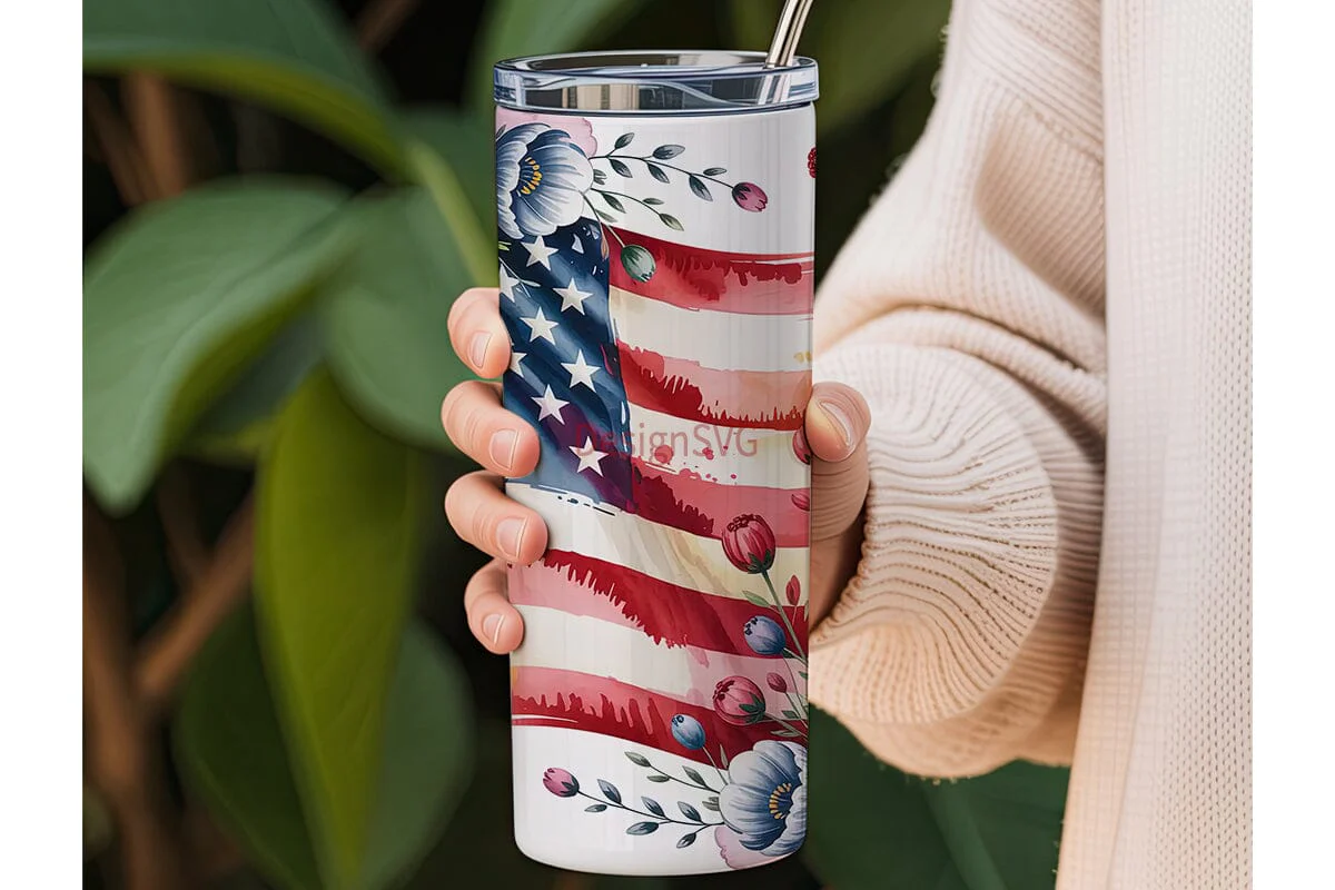 Patriotic Floral Tumbler Wrap PNG - Image 3