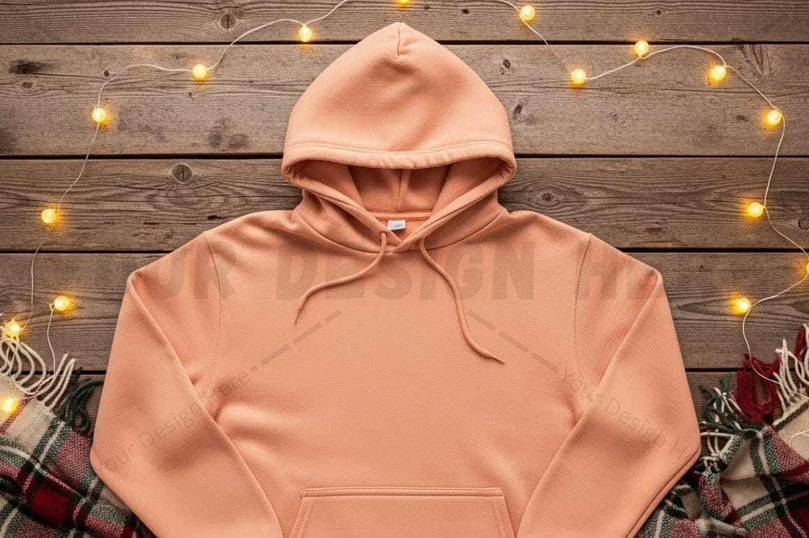 Peach hoodie on rustic wooden background