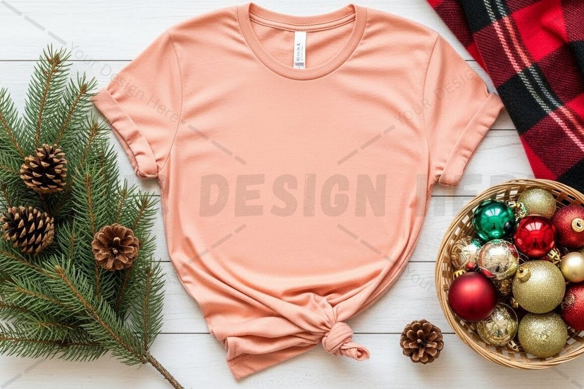 Peach pink t-shirt mockup with christmas decorations