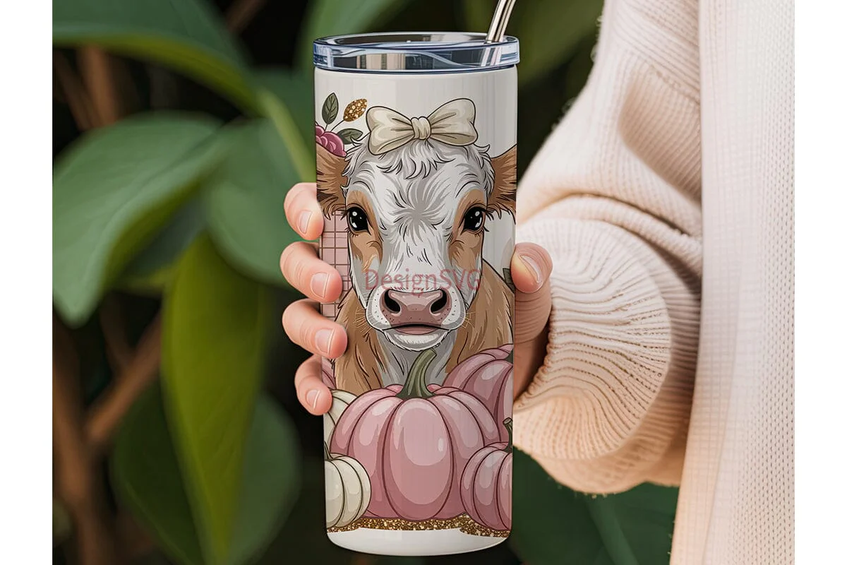 Pink Cow with Pumpkins 20oz Tumbler Wrap - Image 3