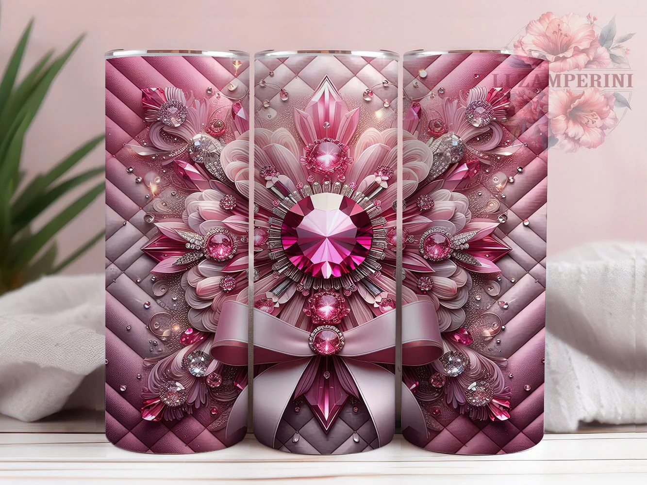 Pink Diamond Glam Tumbler, Diamond Bow, Sparkle Theme, Elegant Style, Luxury Design, 20Oz Tumbler, Sublimation Wrap