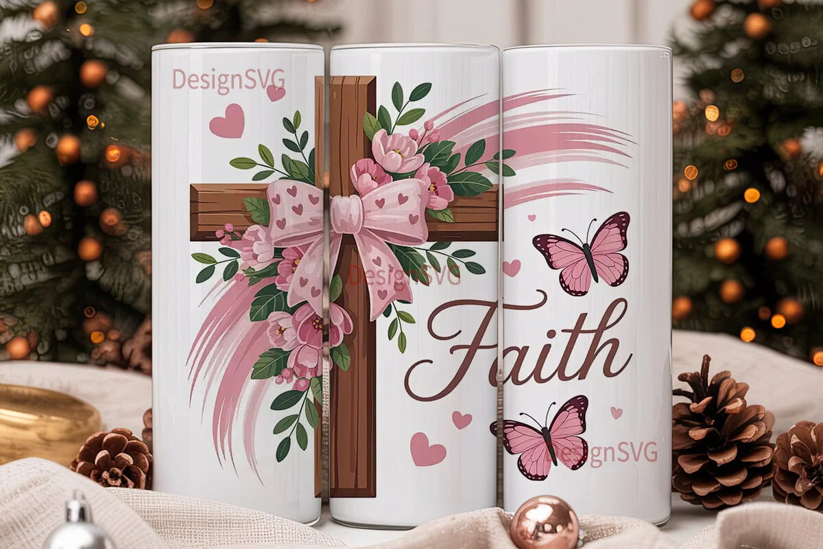 Pink Floral Cross 20oz Tumbler Wrap - Image 2