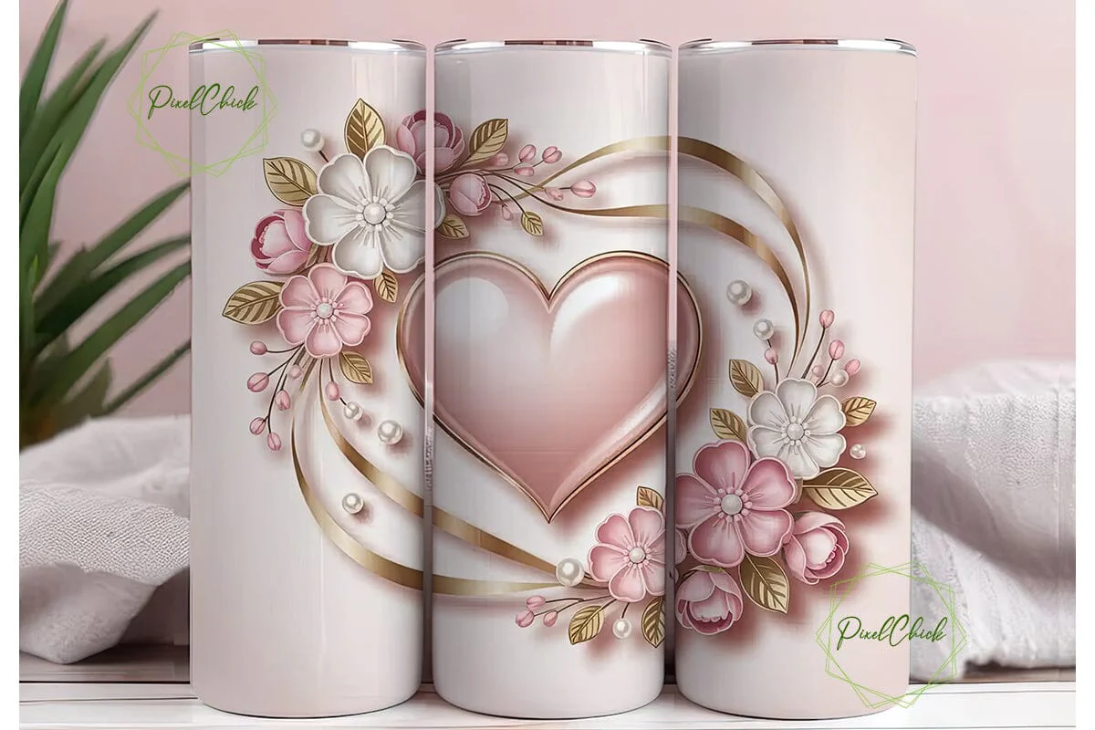 Pink Floral Gold Heart 20oz Tumbler - Image 3