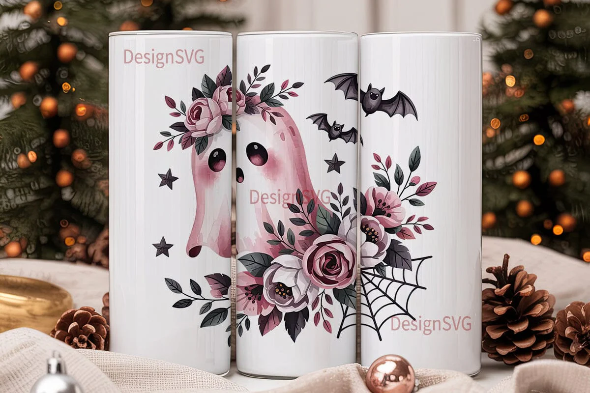 Pink Ghost Halloween 20oz Tumbler Wrap - Image 2