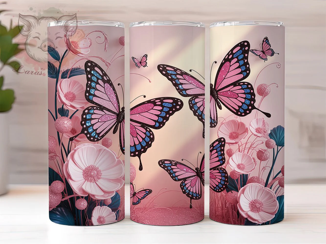 Pink Glitter Butterfly Tumbler, Floral Design, Pink Glitter, Elegant Style, Nature Theme, 20Oz Tumbler, Sublimation Wrap