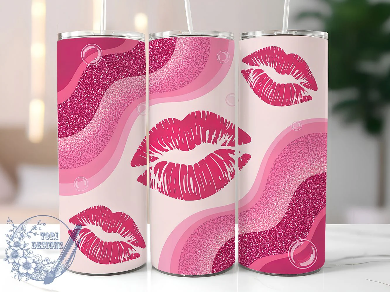 Pink Glitter Kisses Tumbler Wrap, Milky Way, Glitter Style, Kisses Pattern, Seamless Design, Glam Wrap, Sublimation Design