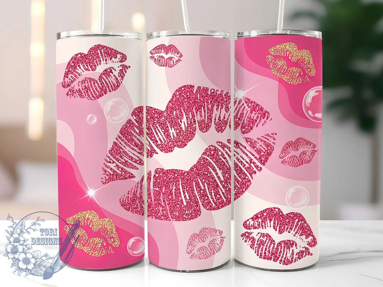Pink Glitter Kisses Tumbler Wrap, Milky Way, Glitter Style, Kisses Pattern, Seamless Design, Glam Wrap, Sublimation Design
