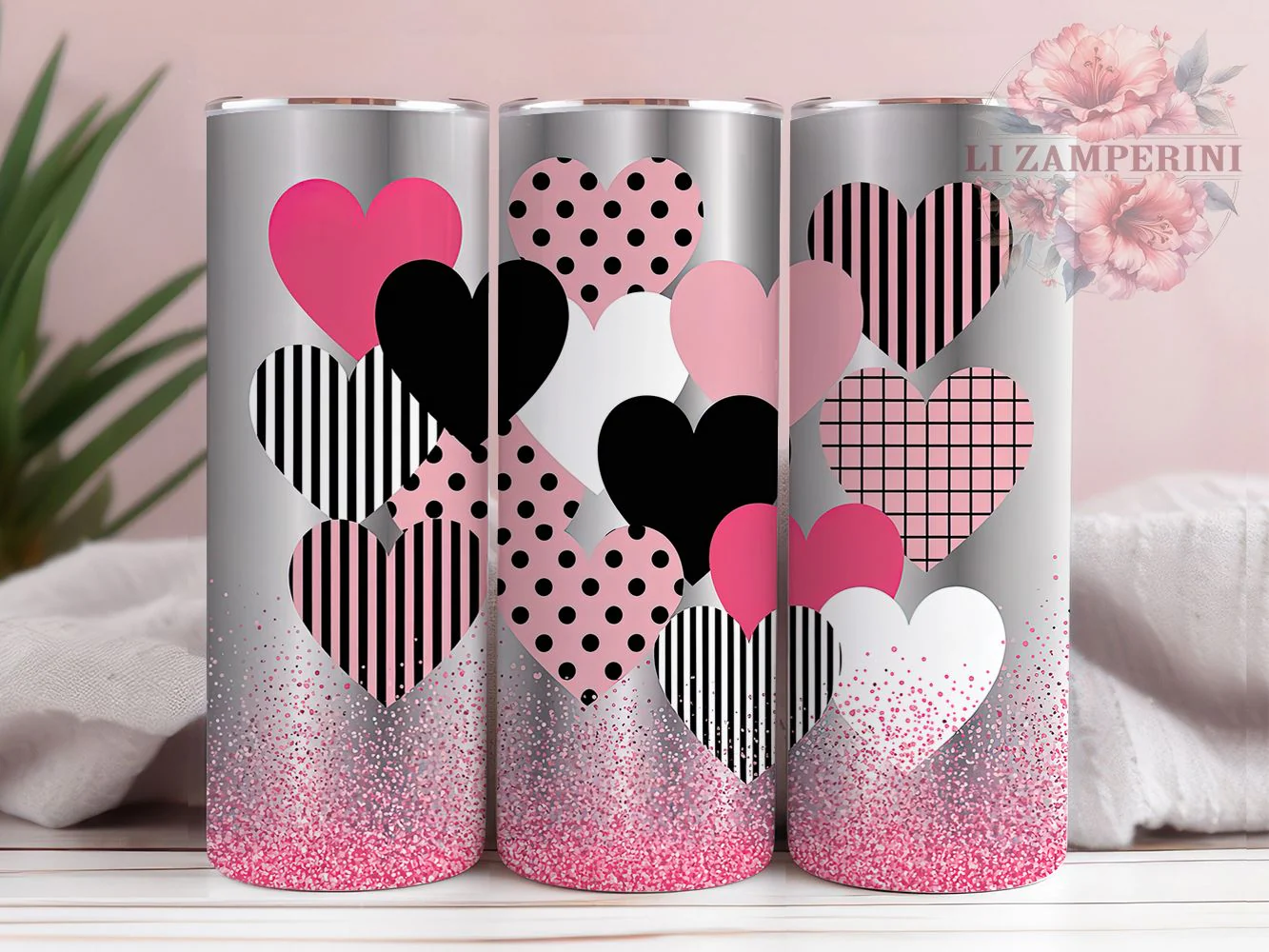 Pink Glitter Valentine Tumbler, Pink Sparkle, Romantic Theme, Glitter Design, Love Pattern, 20Oz Tumbler, Sublimation Wrap