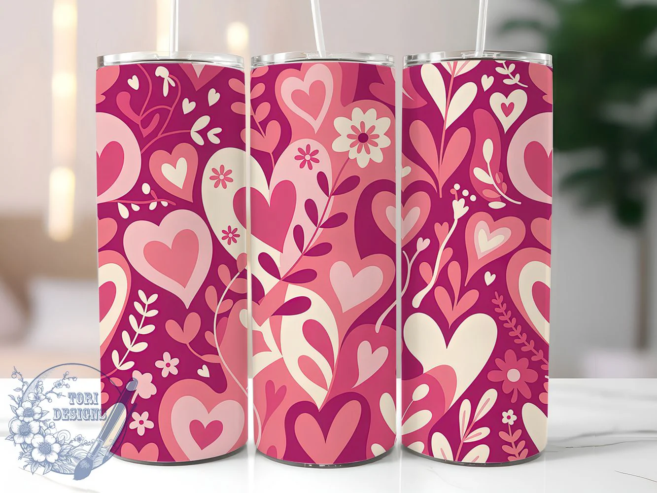 Pink Heart Floral Tumbler, Romantic Floral, Love Theme, Elegant Flowers, Soft Pastel, 20Oz Tumbler, Sublimation Wrap
