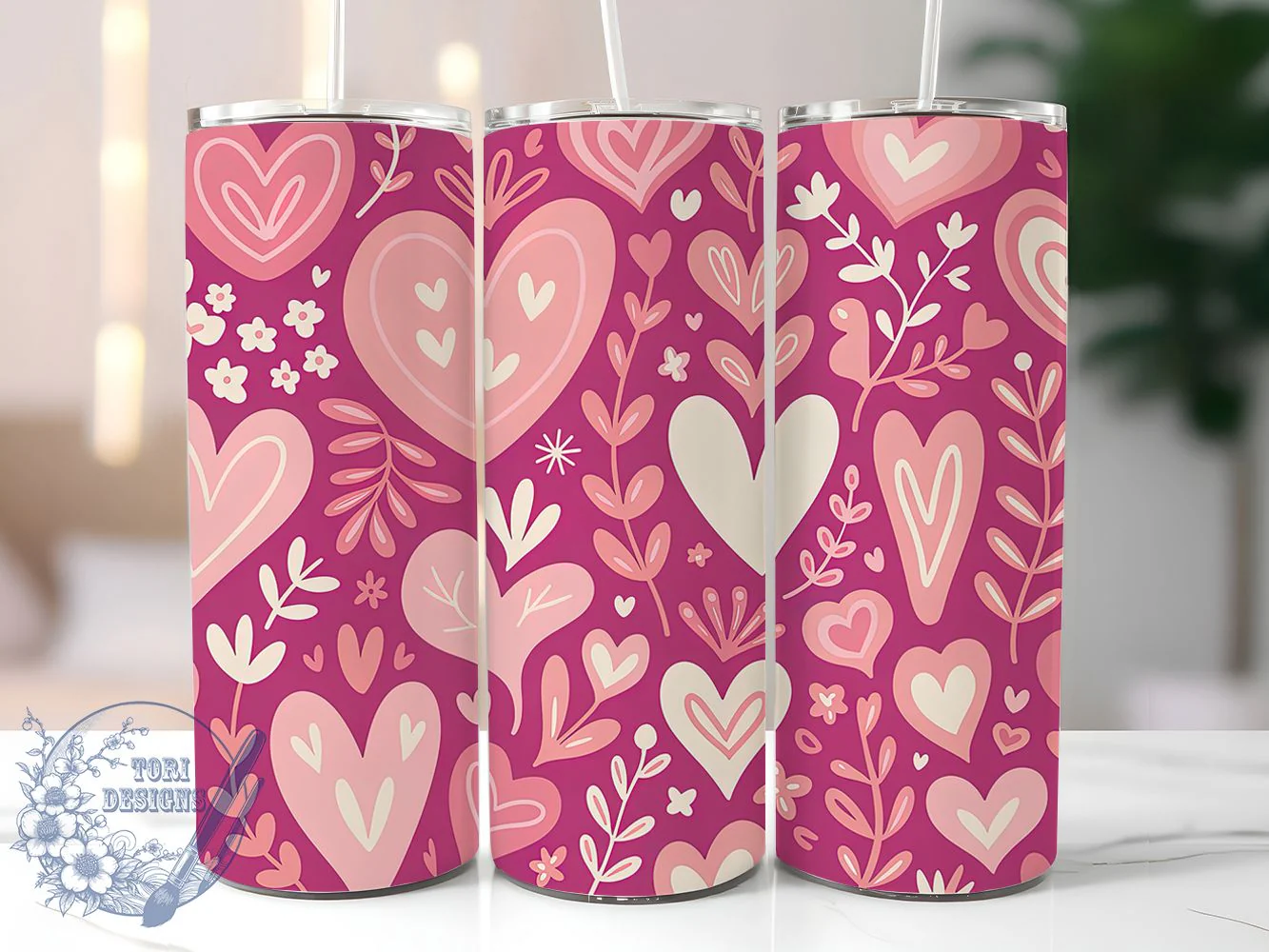 Pink Heart Floral Tumbler, Romantic Floral, Love Theme, Elegant Flowers, Soft Pastel, 20Oz Tumbler, Sublimation Wrap