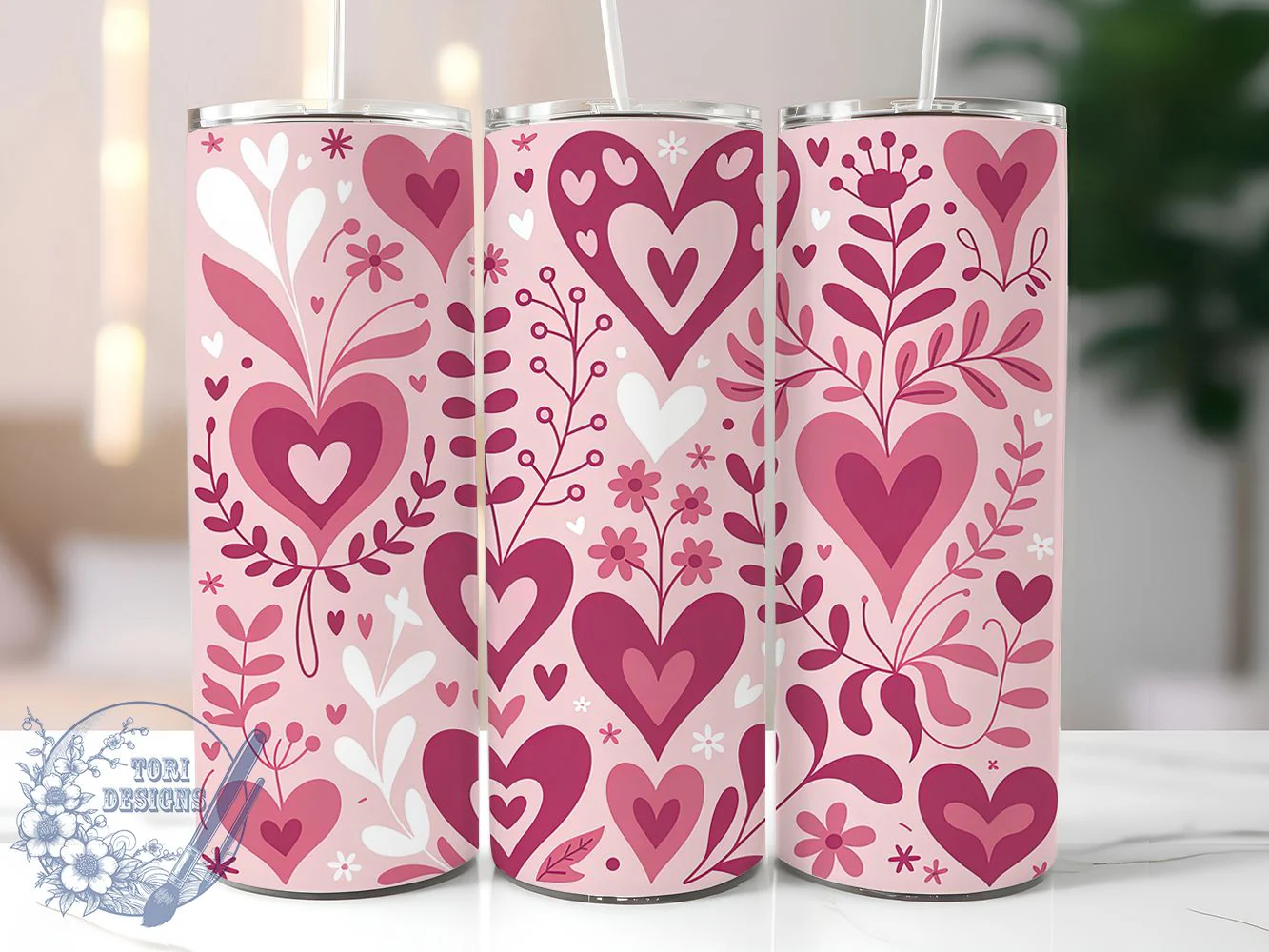 Pink Heart Floral Tumbler, Romantic Floral, Love Theme, Elegant Flowers, Soft Pastel, 20Oz Tumbler, Sublimation Wrap