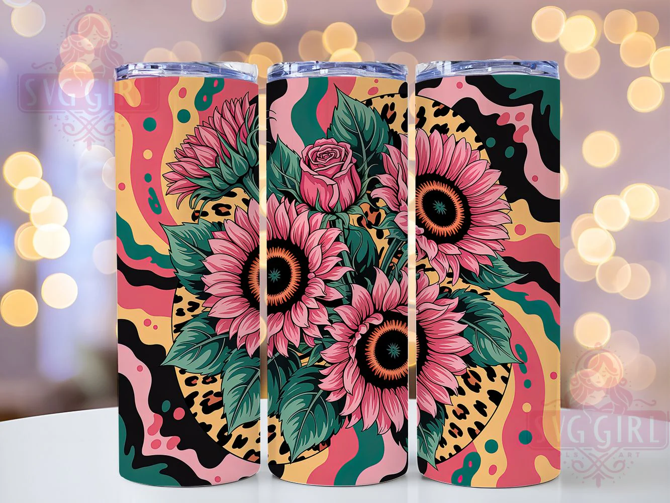 Pink Leopard Spring Sunflower Tumbler Wrap, Leopard Print, Pink Black Theme, Bold Floral, Wild Style, Tumbler Wrap, Sublimation Design