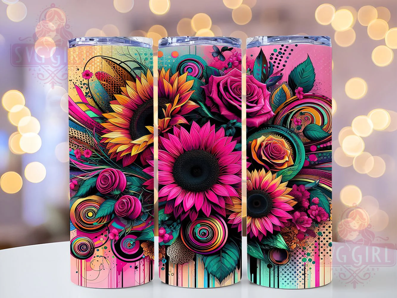 Pink Leopard Spring Sunflower Tumbler Wrap, Leopard Print, Pink Black Theme, Bold Floral, Wild Style, Tumbler Wrap, Sublimation Design