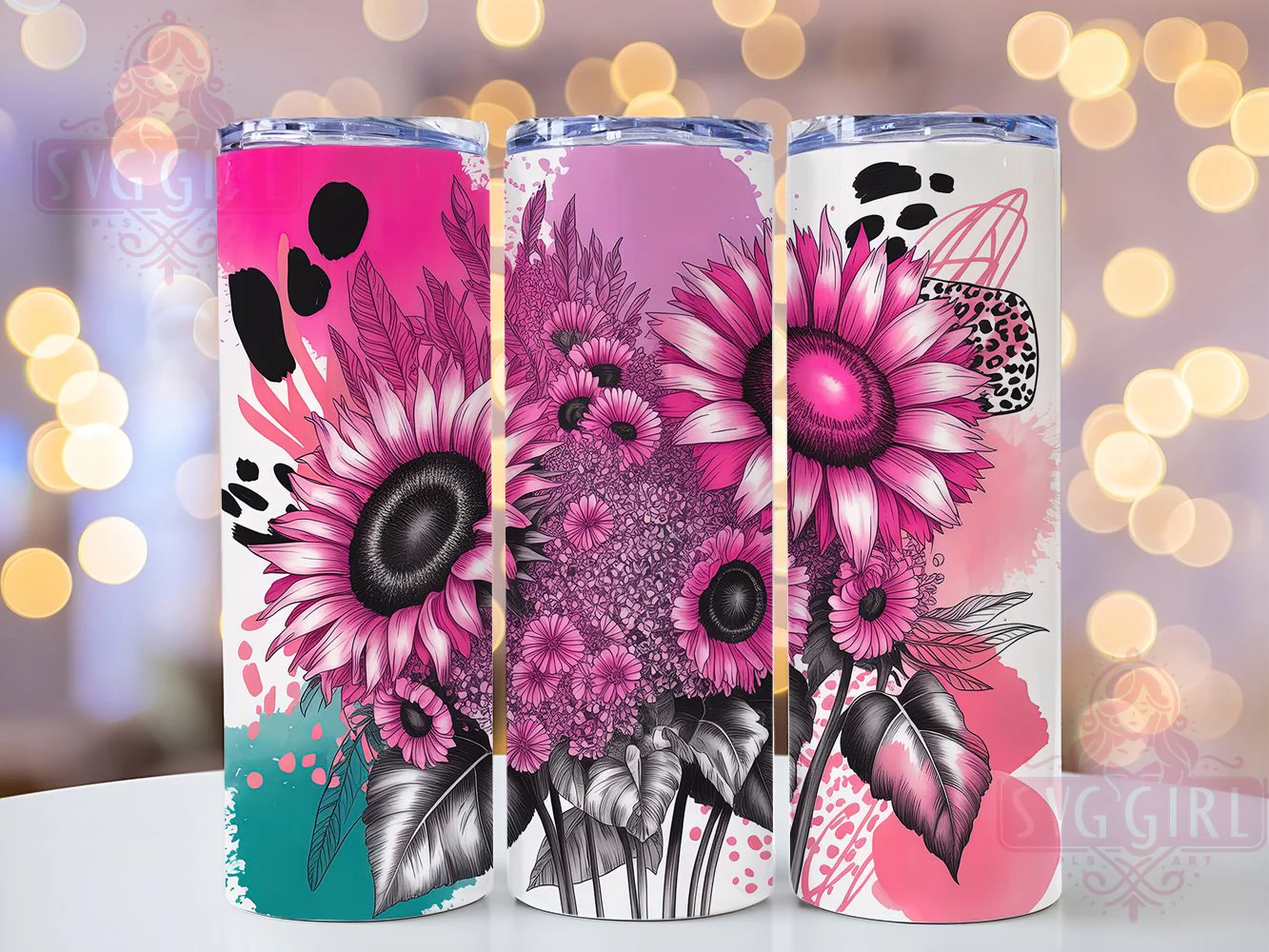 Pink Leopard Sunflower Tumbler Wrap, Leopard Print, Bold Floral, Glam Style, Wild Theme, Tumbler Wrap, Sublimation Design