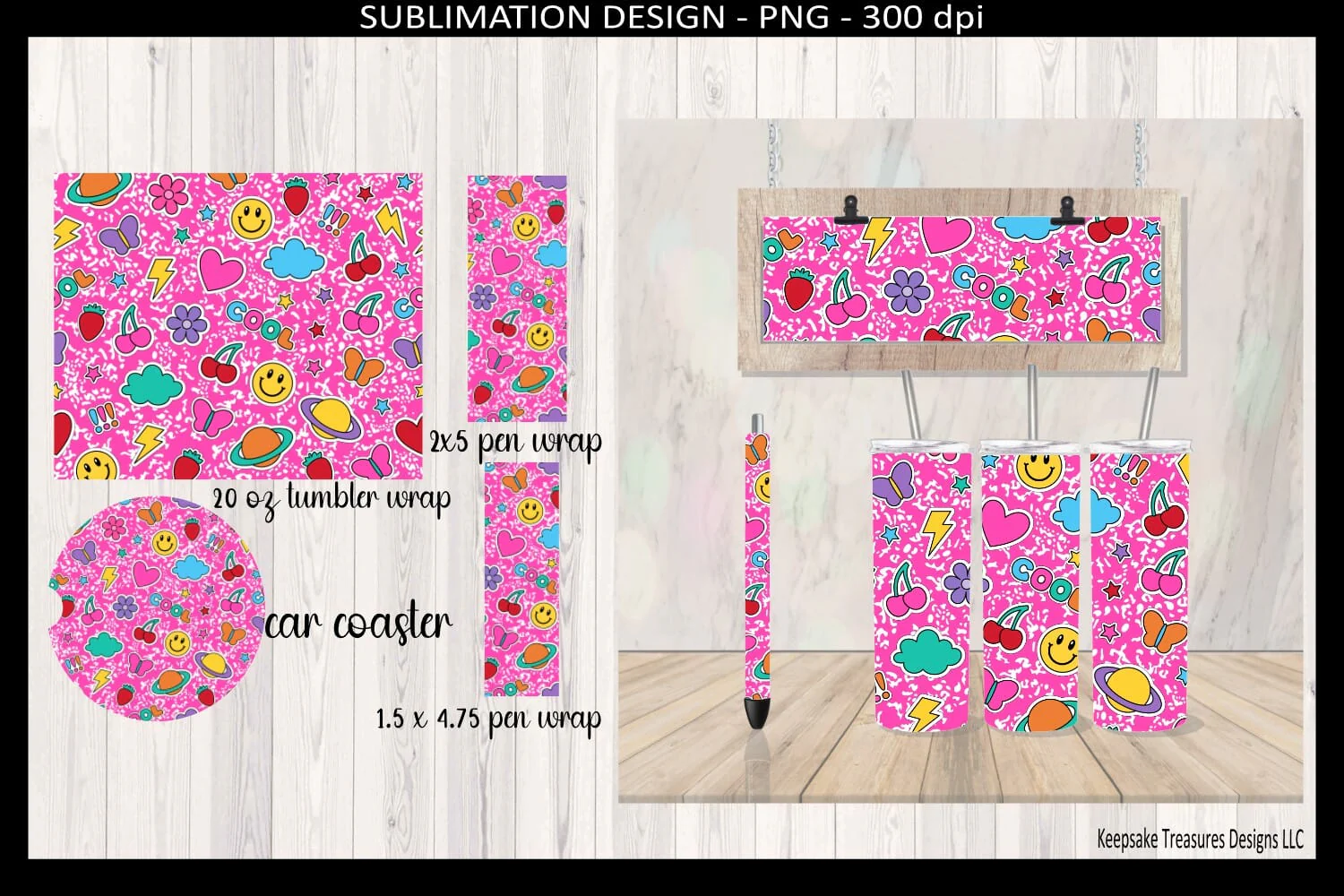 Pink Retro Sticker Icon Tumbler Wrap PNG Bundle – 20oz Straight Sublimation Design, Car Coaster & Pen Wrap Set, Teacher Gift