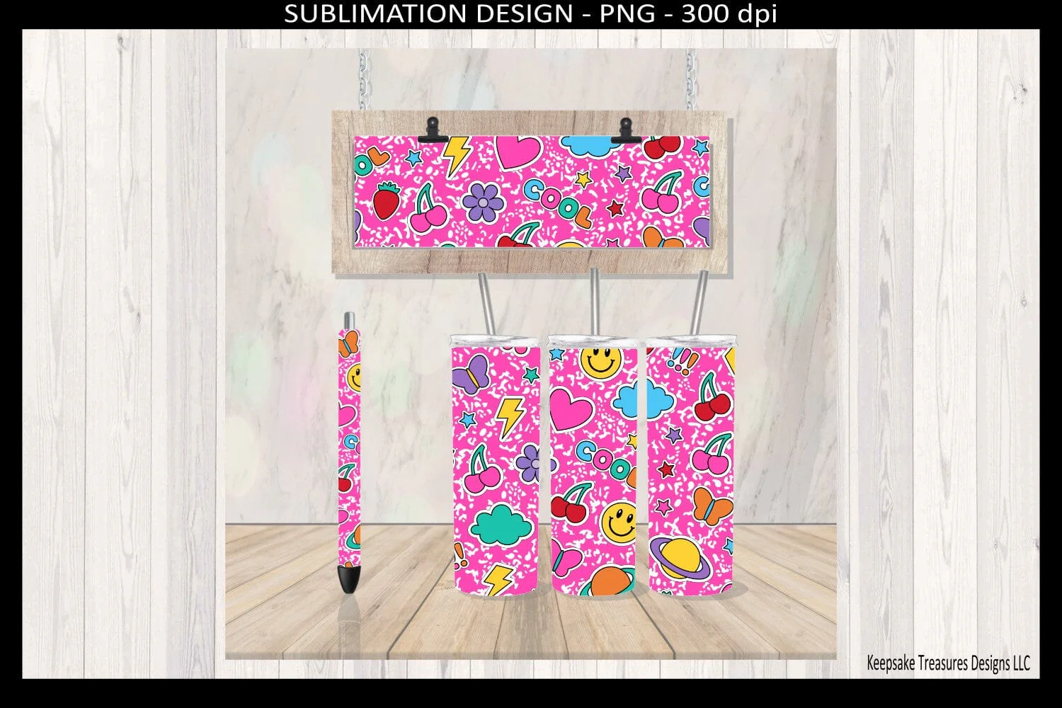 Pink Retro Sticker Icon Tumbler Wrap PNG Bundle – 20oz Straight Sublimation Design, Car Coaster & Pen Wrap Set, Teacher Gift - Image 3