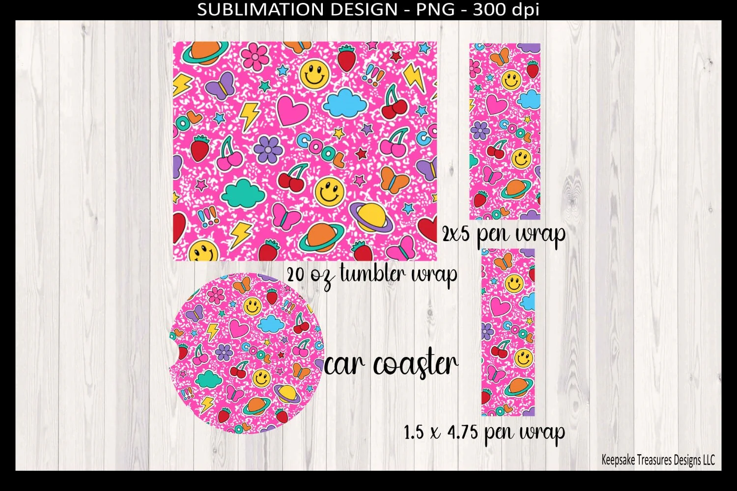 Pink Retro Sticker Icon Tumbler Wrap PNG Bundle – 20oz Straight Sublimation Design, Car Coaster & Pen Wrap Set, Teacher Gift - Image 4
