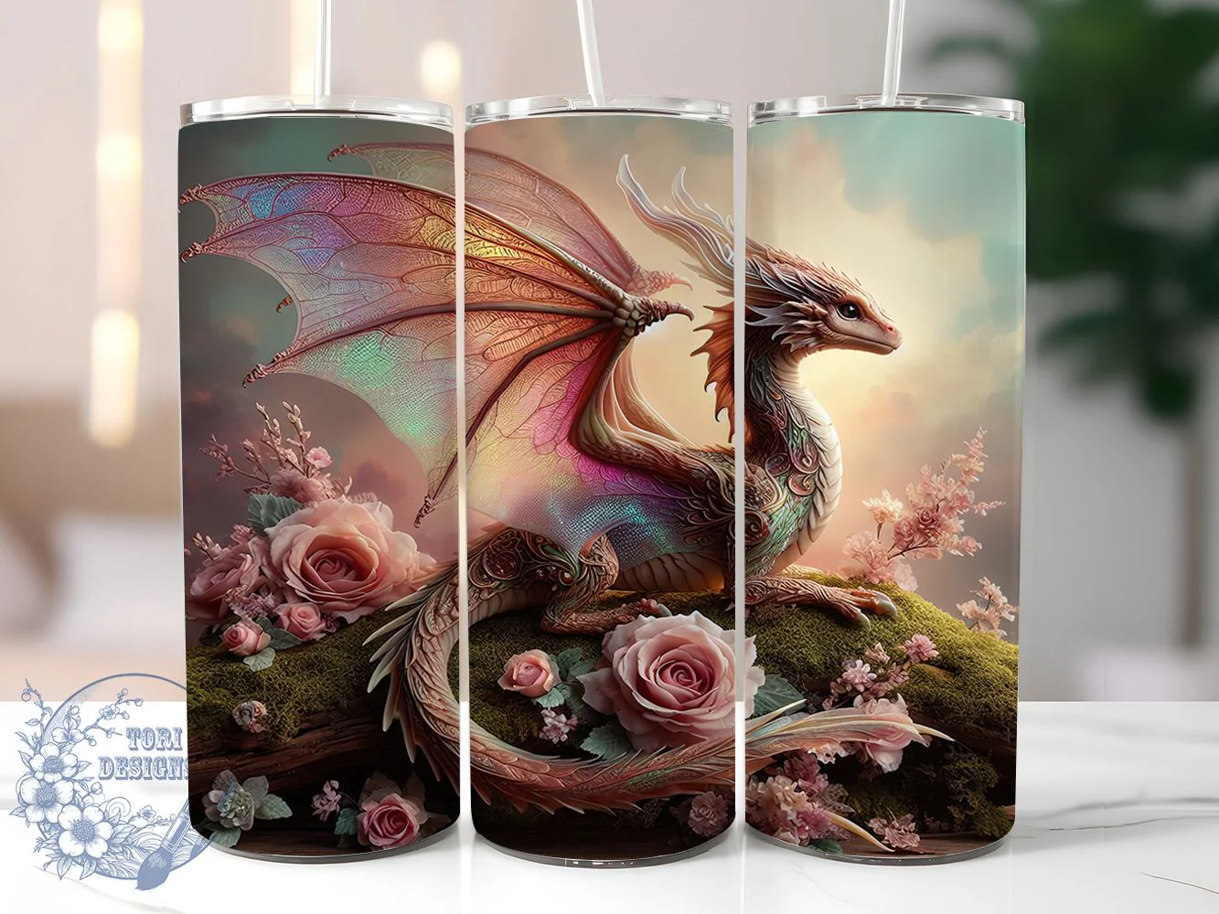 Pink Rose Dragon Tumbler, Rose Motif, Fantasy Theme, Mythical Art, Whimsical Design, 20Oz Tumbler, Sublimation Wrap