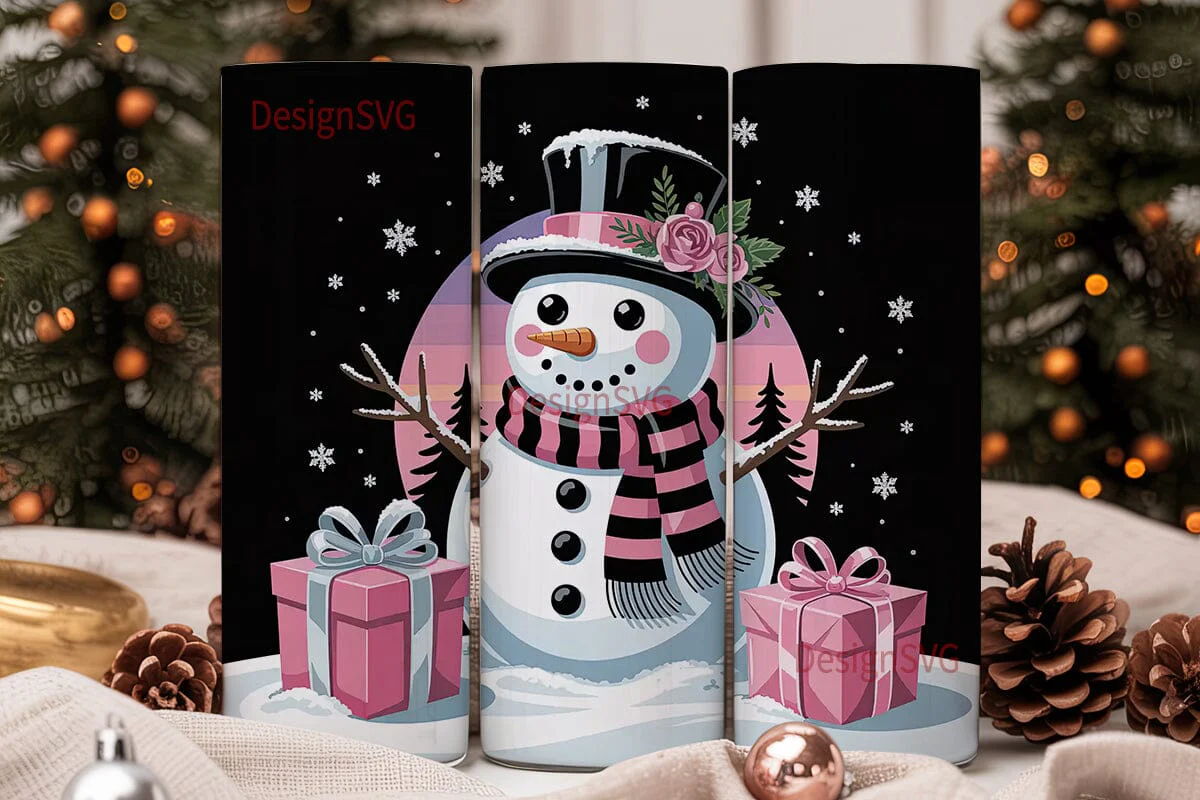 Pink Snowman Christmas 20oz Tumbler Wrap - Image 2
