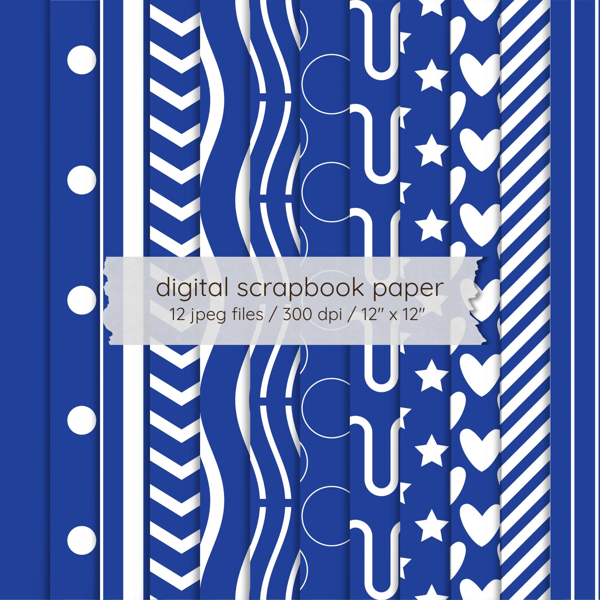 Preppy Paper Pack Digital | Blue Seamless Pattern Scrapbook Paper | 12 Printable 12x12 JPEG Files | 300 DPI