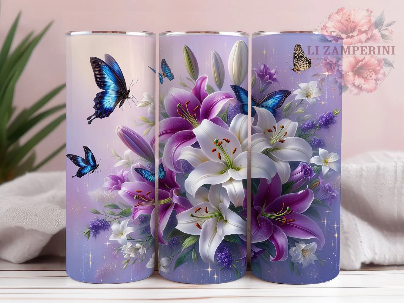 Purple Lily Butterfly Tumbler, Butterfly Garden Theme, Floral Nature Design, Botanical Artwork, Elegant Flower Scene, Whimsical Garden Style, Tumbler Wrap, Sublimation Design, 20oz Tumbler, Colorful Nat