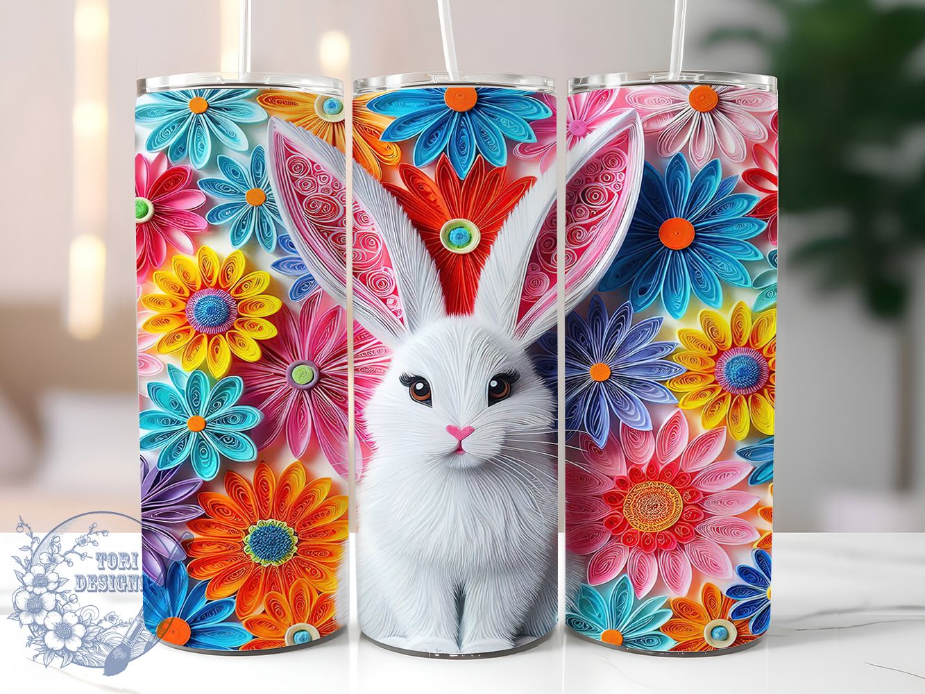 Quilled Paper Art Bunny Tumbler, Easter Bunny Tumbler, Paper Art Bunny Wrap, Stylish 20oz Wrap, Sublimation Design, Trendy Gift Idea, Inspirational Easter Tumbler