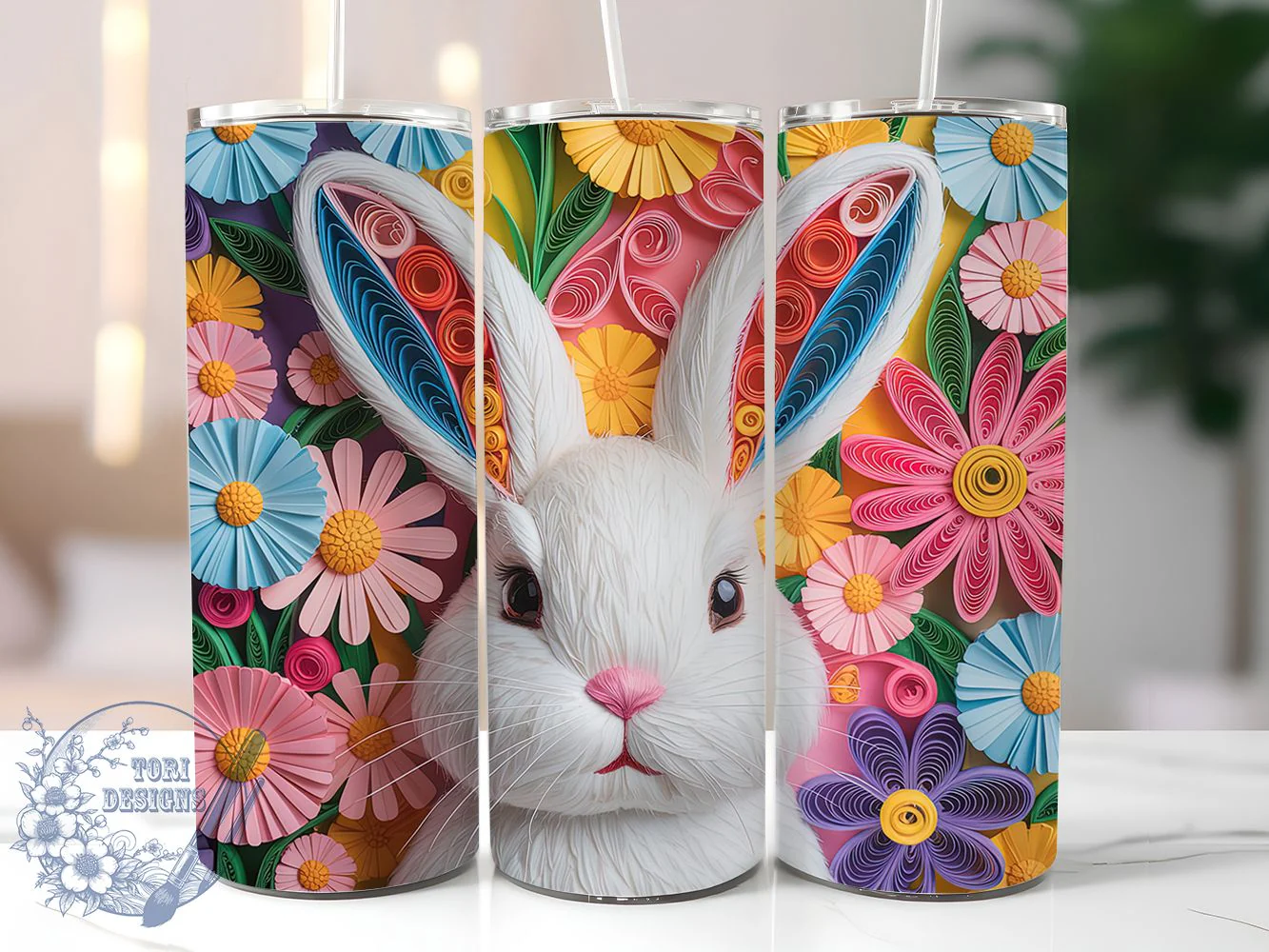 Quilled Paper Art Bunny Tumbler, Easter Bunny Tumbler, Paper Art Bunny Wrap, Stylish 20oz Wrap, Sublimation Design, Trendy Gift Idea, Inspirational Easter Tumbler