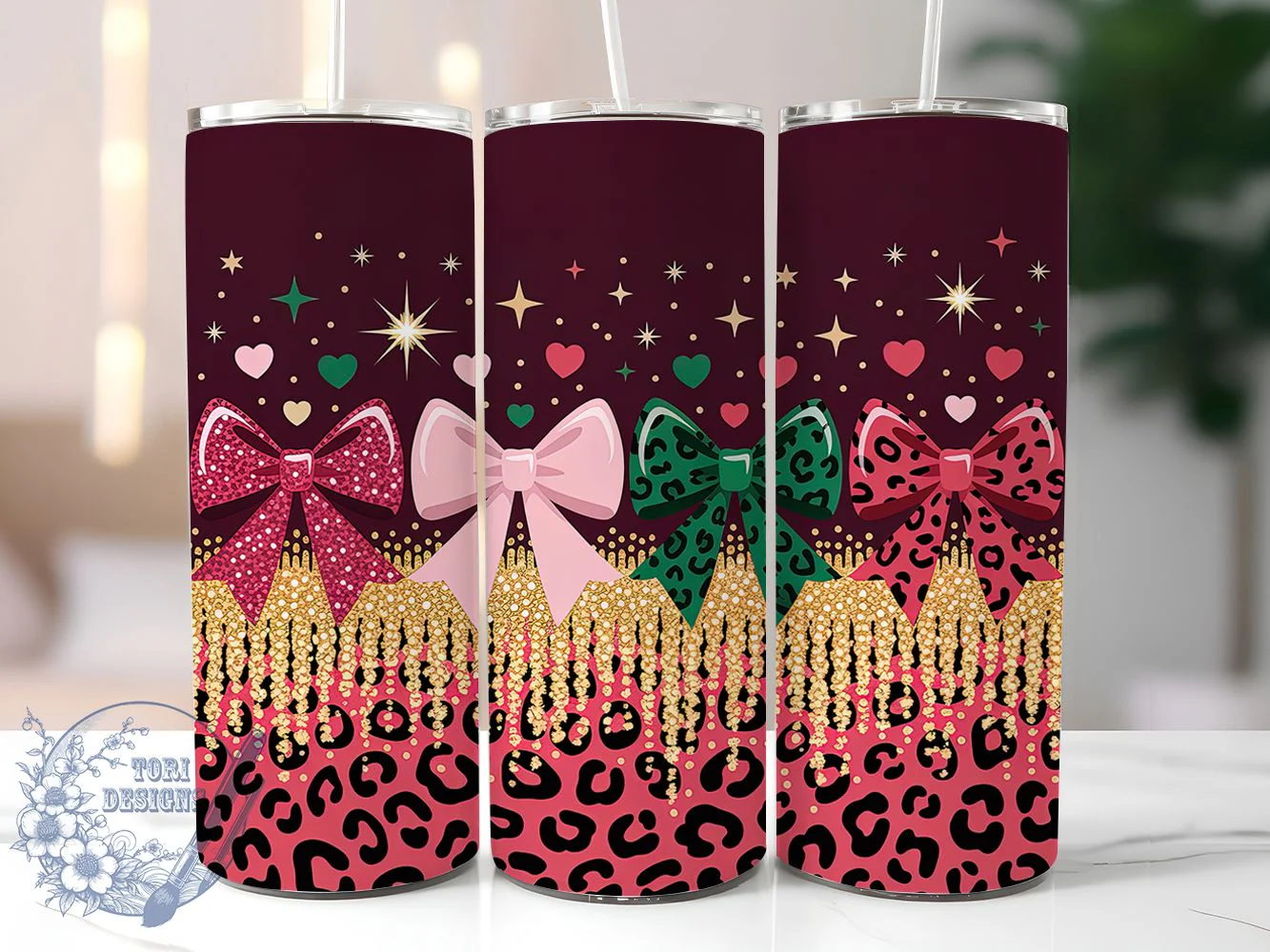 Red Glitter Leopard Bow Tumbler, Red Glitter, Gold Leopard, Glam Style, Romantic Theme, 20Oz Tumbler, Sublimation Wrap
