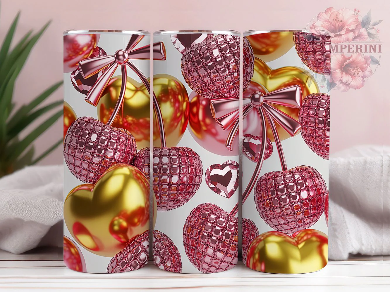 Rhinestone Pink Cherry Bow Tumbler, Cherry Bow Tumbler, Pink Coquette Wrap, Sparkle Cherry Wrap, Elegant Bow Wrap, Sublimation Design, Trendy Gift Idea