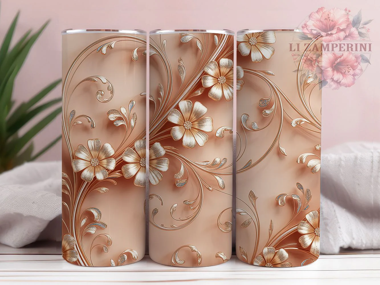 Rose Gold Floral Glam Tumbler Wrap, Floral Bling, Glam Style, Elegant Wrap, Sparkle Theme, Luxury Design, Sublimation Design