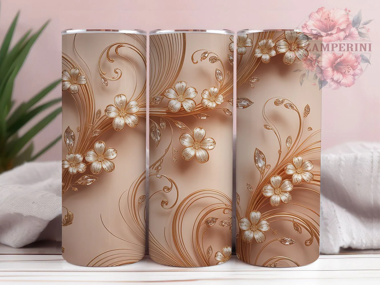 Rose Gold Floral Glam Tumbler Wrap, Floral Bling, Glam Style, Elegant Wrap, Sparkle Theme, Luxury Design, Sublimation Design