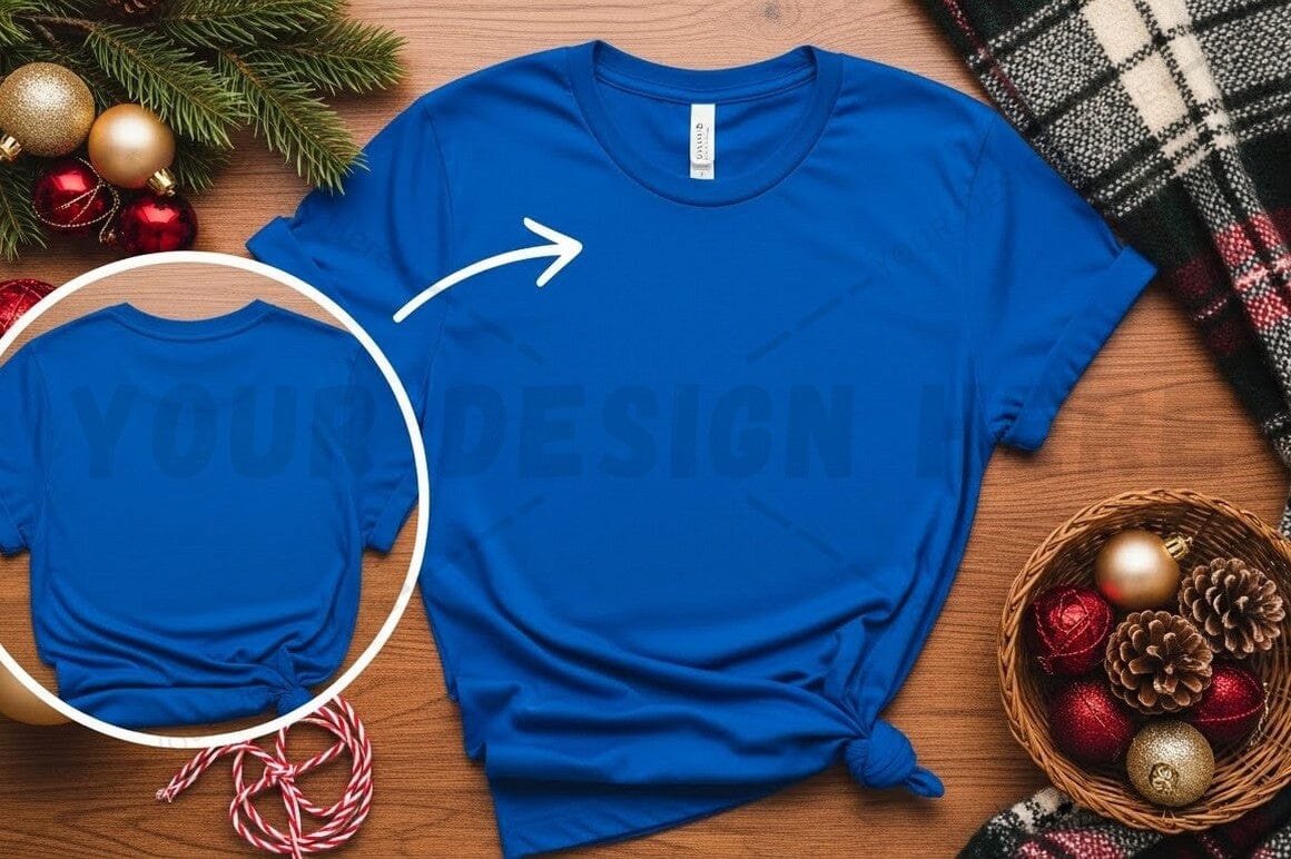 Royal blue t-shirt mockup with christmas decorations