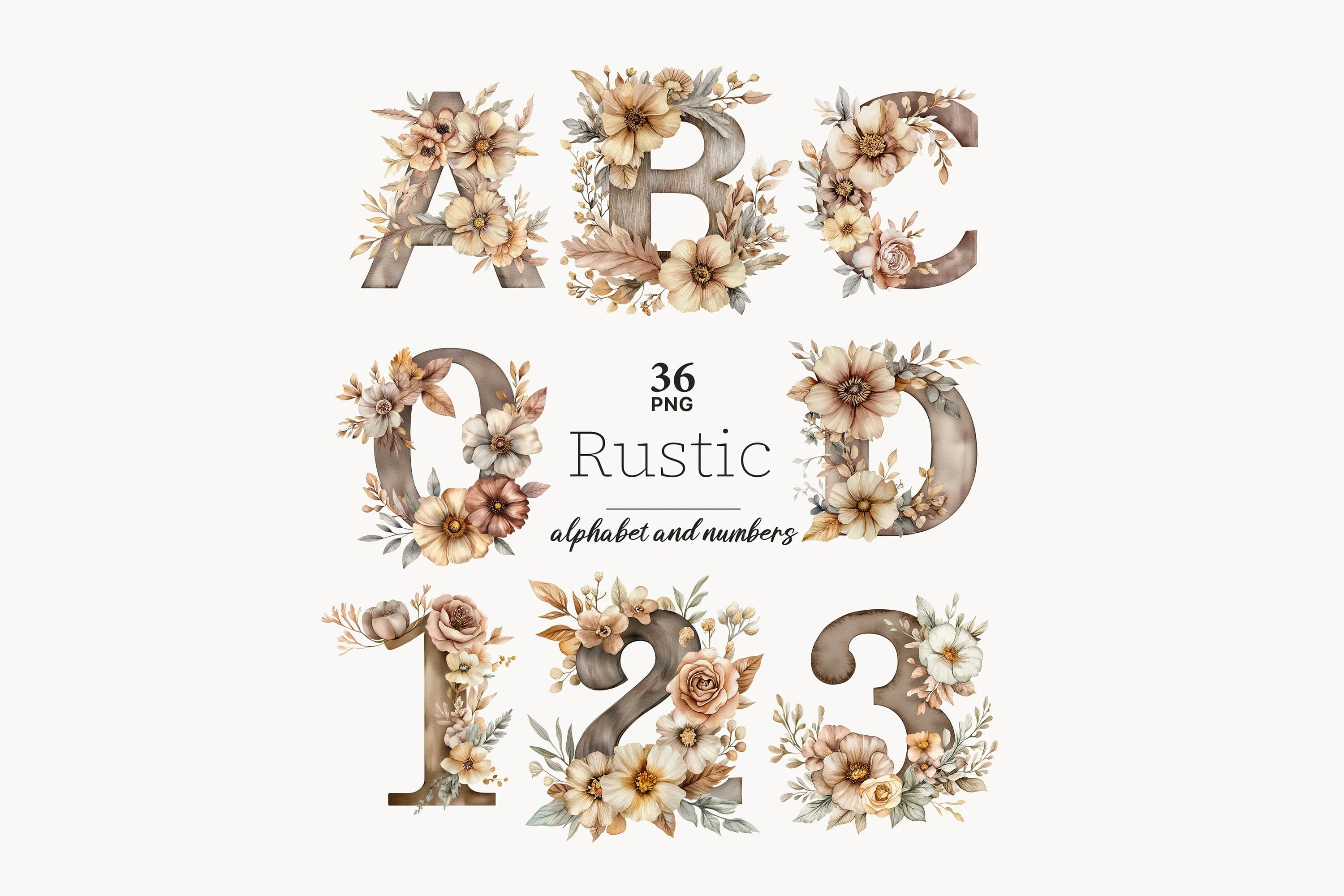 Rustic Alphabet Numbers | Digital Brown Neutral Letters - Image 2