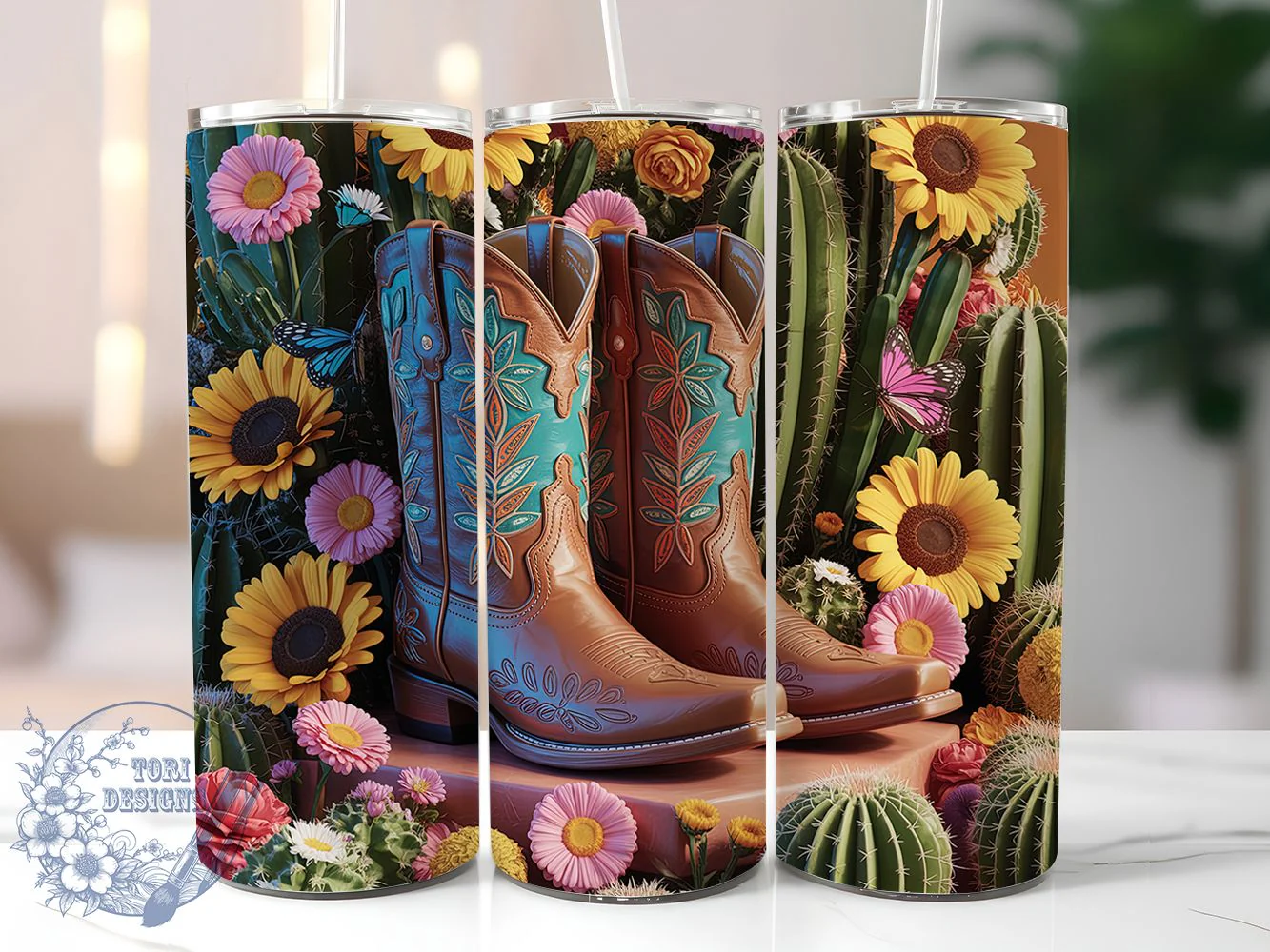 Rustic Western Cowgirl Boots Tumbler, Western Tumbler Design, Cactus Floral Wrap, Rustic Western Wrap, Country Cowgirl Wrap, Sublimation Design, Trendy Gift Idea
