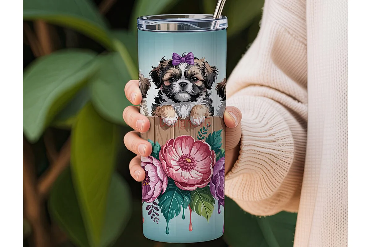 Shih Tzu Puppies Floral 20oz Tumbler - Image 3
