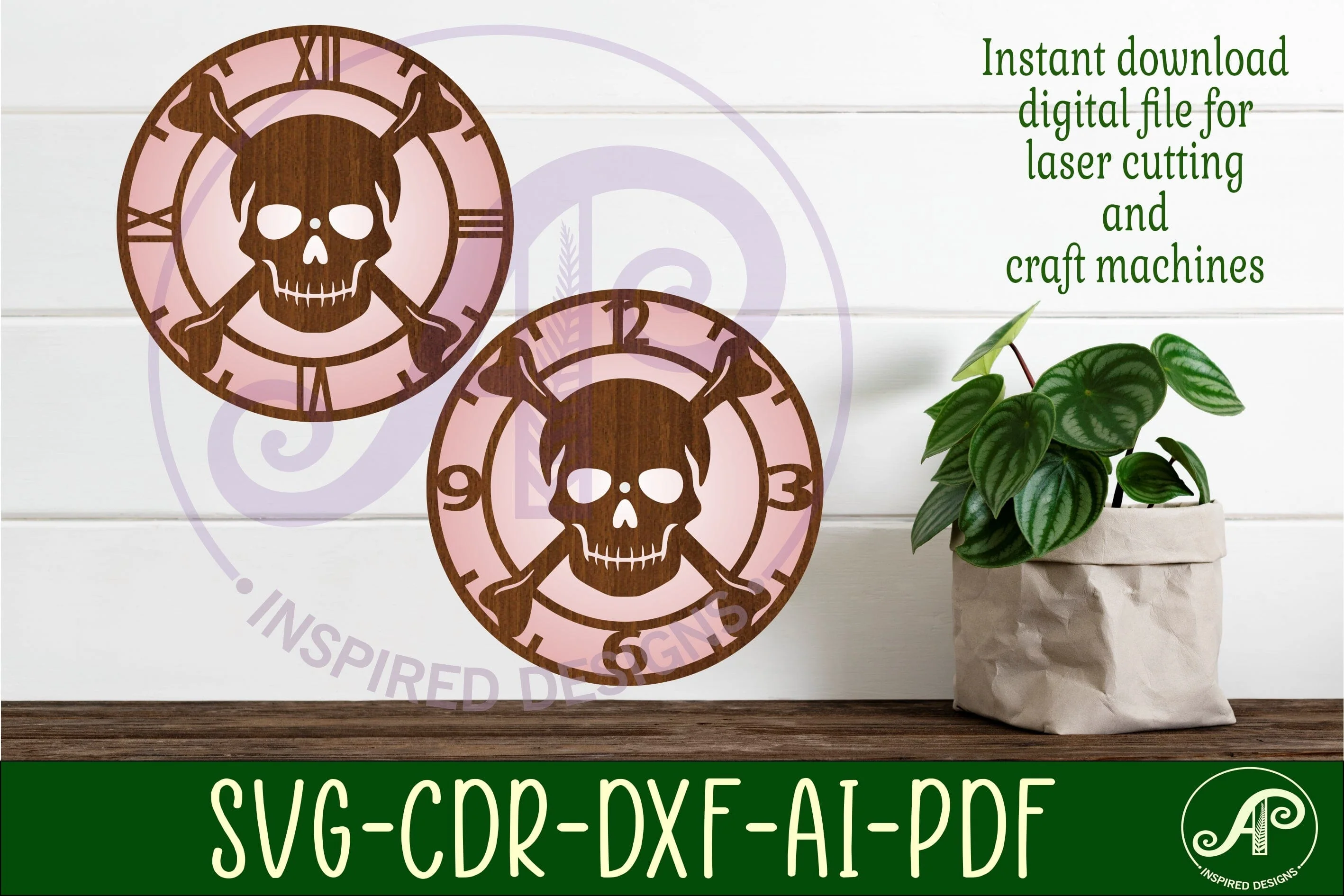 Skull and crossbones themed clock wall clock laser cut files