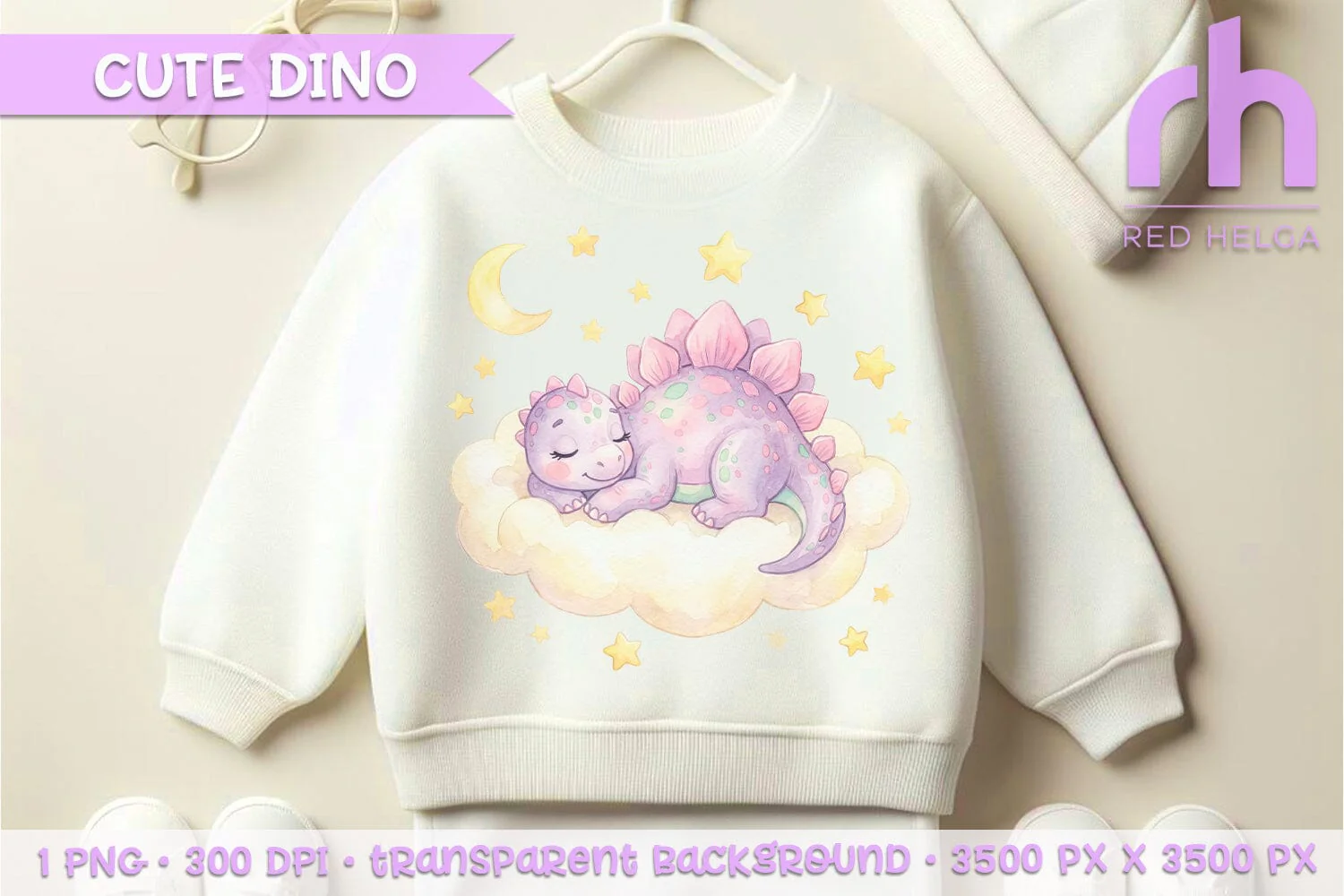 Sleeping Watercolor Dinosaur Clipart PNG, Nursery Art, Baby Shower Decor - Image 3