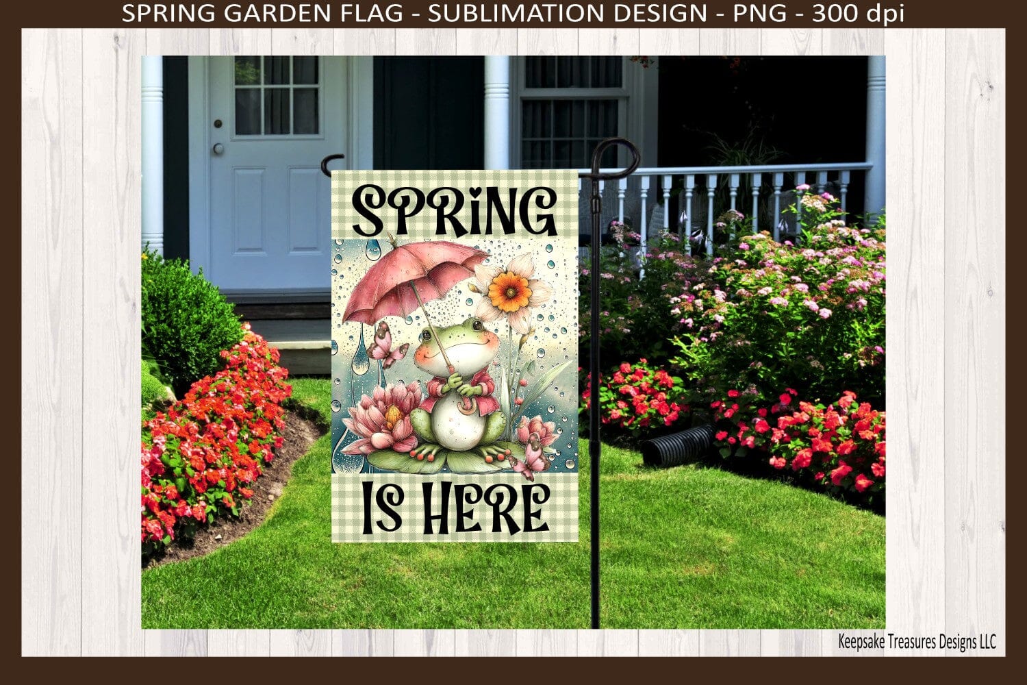 Spring Is Here Frog Garden Flag PNG – 12x18 Sublimation Design, Cute Frog Spring Showers Yard Decor, Digital Download - Image 2
