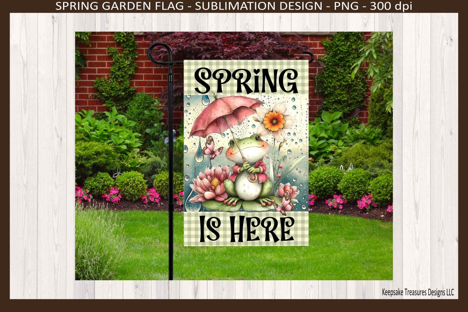 Spring Is Here Frog Garden Flag PNG – 12x18 Sublimation Design, Cute Frog Spring Showers Yard Decor, Digital Download - Image 3