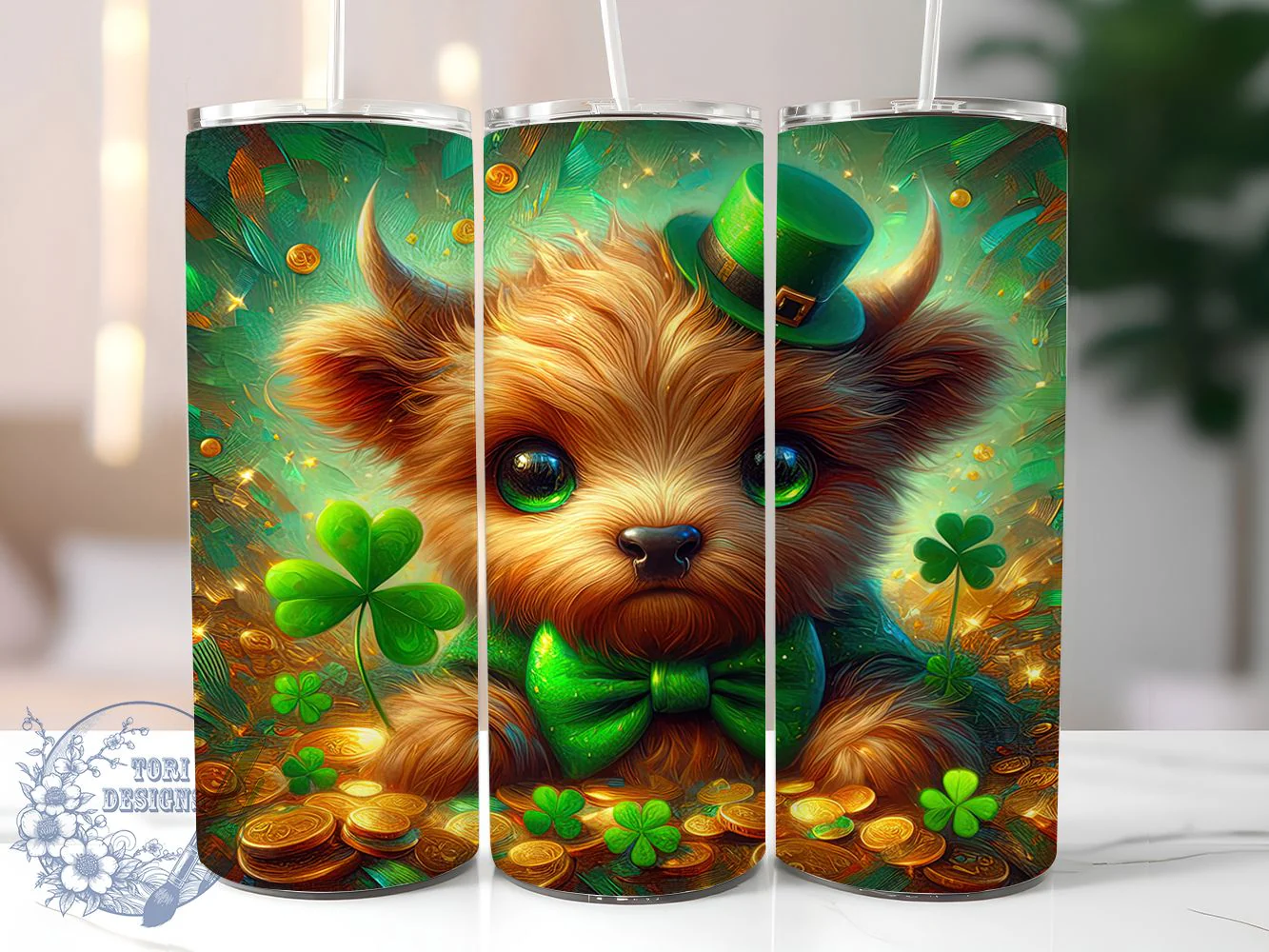 St Patrick Highland Cow Tumbler, Highland Cow, Irish Cow, Shamrock Theme, Festive Green, 20Oz Tumbler, Sublimation Wrap
