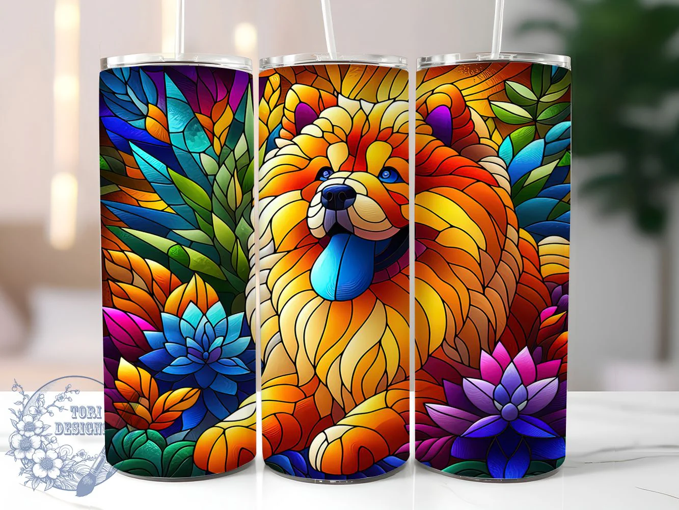Stained Glass Chow Chow Tumbler, Brown Dog Tumbler, Artistic Pet Wrap, Whimsical Dog Wrap, Vintage Stained Glass Wrap, Sublimation Design, Trendy Gift Idea
